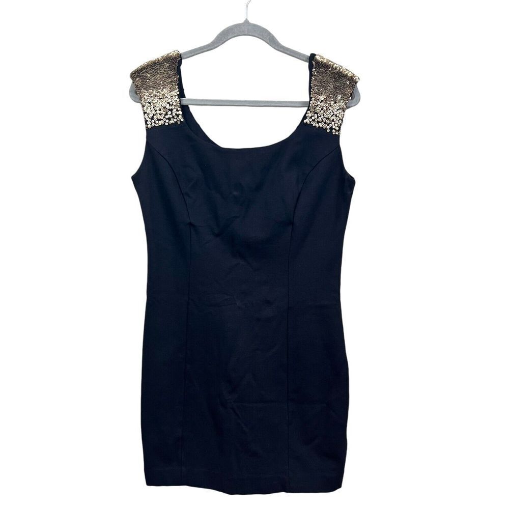 Guess Womens Mini Dress Gold Sequin Shoulders Stretch Back Zip Black Sz L*